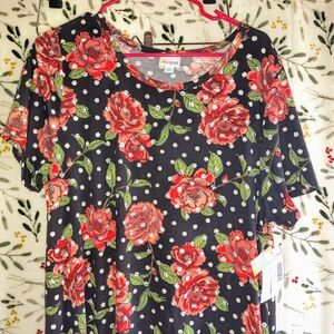 LuLaRoe NWT Carly 2XL. Black With White Polka Dots & Red Roses Midi Dress